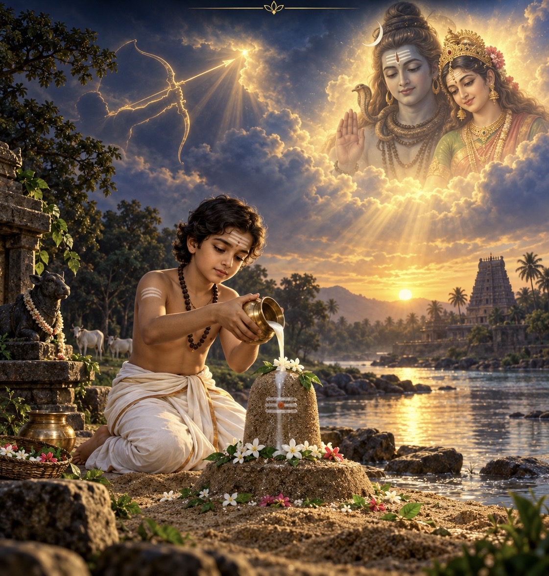 விசாரசருமர் சிவலிங்கத்திற்குப் பால் அபிஷேகம் செய்யும் காட்சி